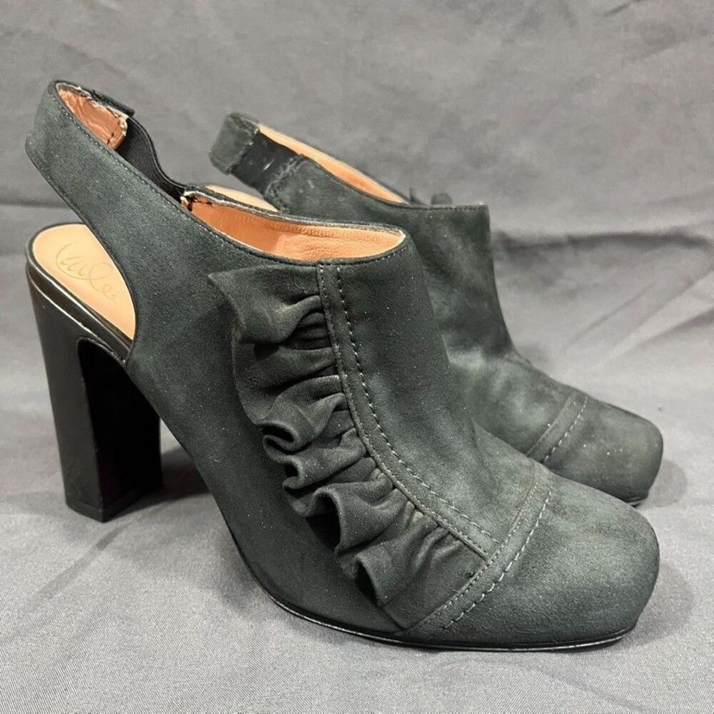 Nanette Lepore Gray Suede Slingback Block Heel Pumps Ruffle Italian Womens 5